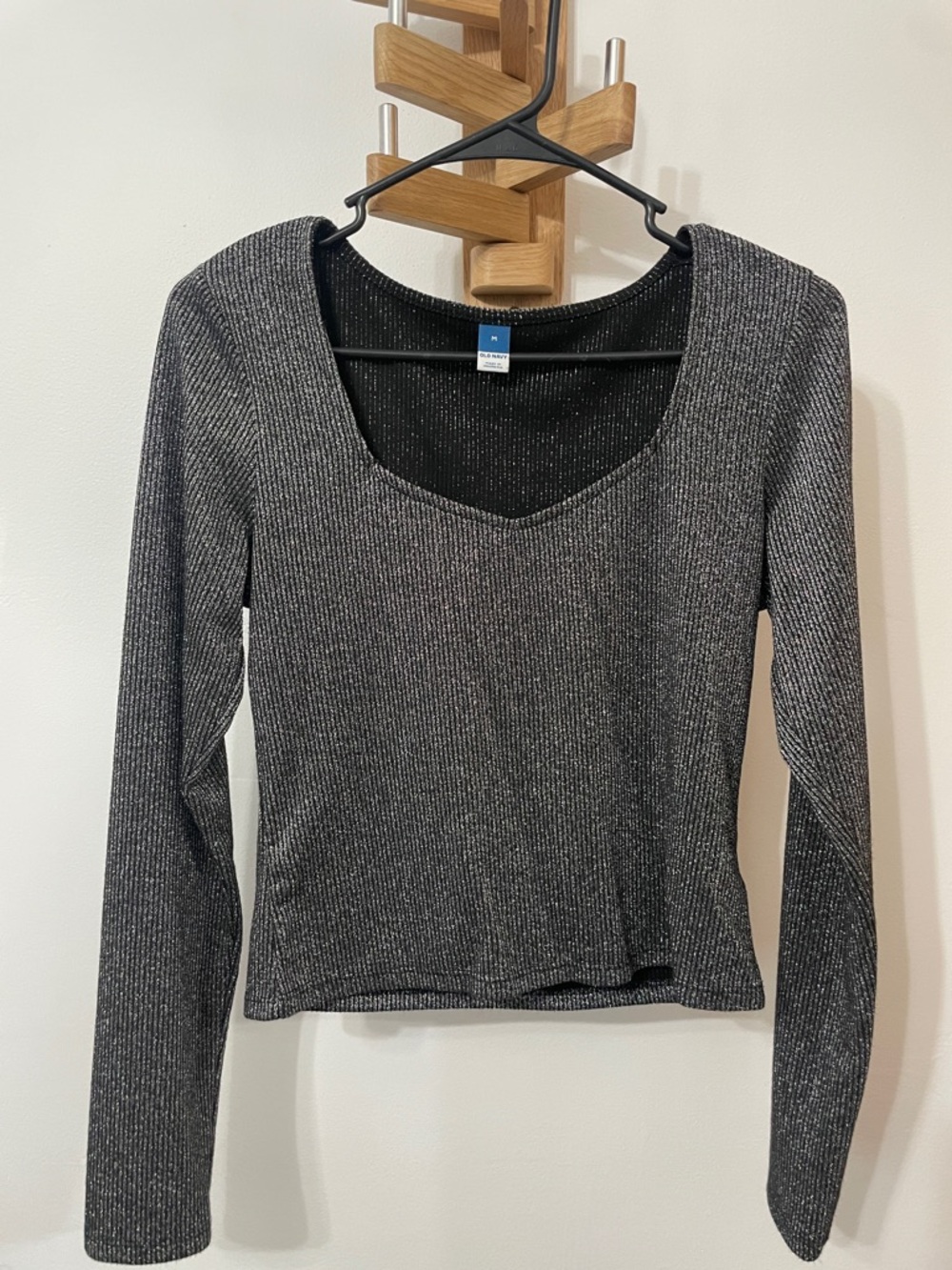 Old Navy Metallic Ribbed Long Sleeve Scoop Neck Top - Black